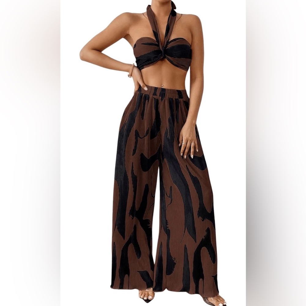 Stylish Brown and Black Women's Wide-Leg Set